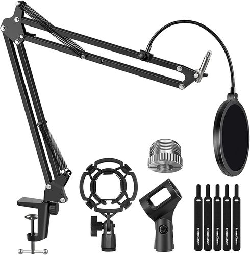 InnoGear Microphone Stand for Blue Yeti Adjustable Suspension Boom Scissor Arm Stand with 3/8"to 5/8" Screw Adapter Shock Mount Windscreen Pop Filter Mic Clip Holder Cable Ties, Medium/black