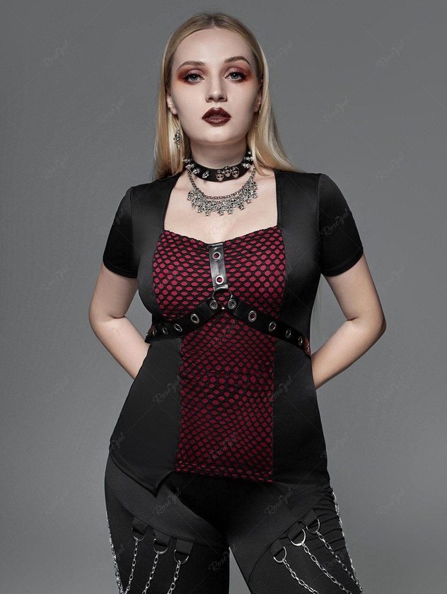 Gothic Fishnet Overlay PU Leather Straps Grommets Top - 1x | Us 14-16