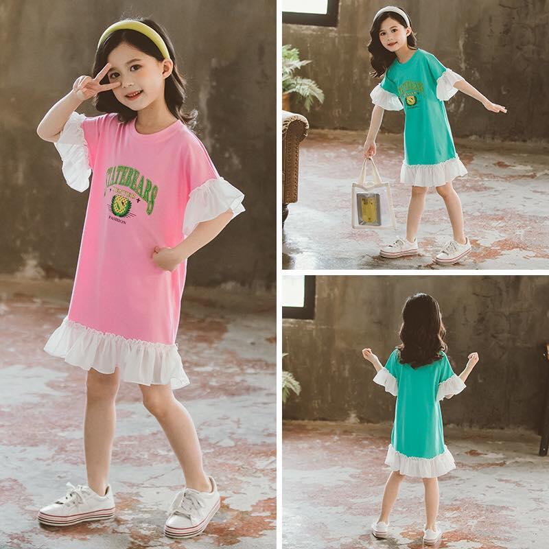 Girls Letter Statebears Loose Dress 5-12Y - 6 Sizes (Green - Pink)