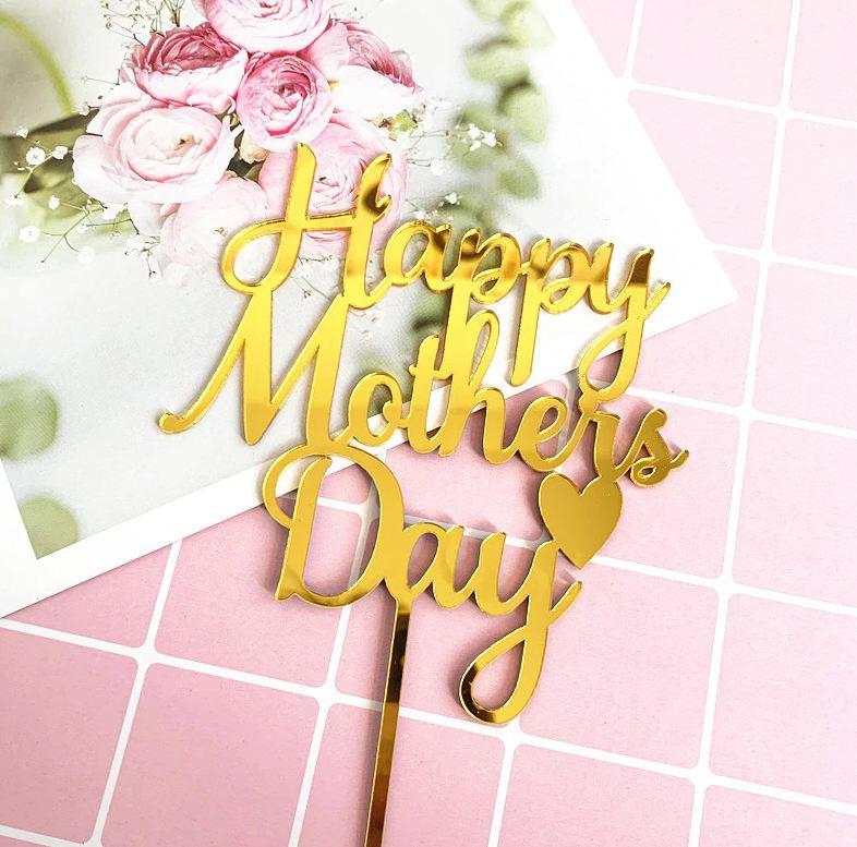 Lsthometrading Acrylic Paper Happy Mother`s Day Cake Toppers - 3 Types (Gold)