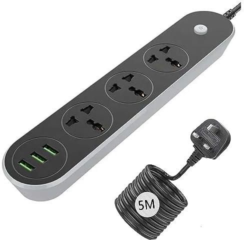 ELONSEY Universal Power Extension Cord 5 Meter, Power Strip with 3 Power Sockets and 3 USB Slots, Extension Lead 5 meter - Black (3 Socket + 3 USB)
