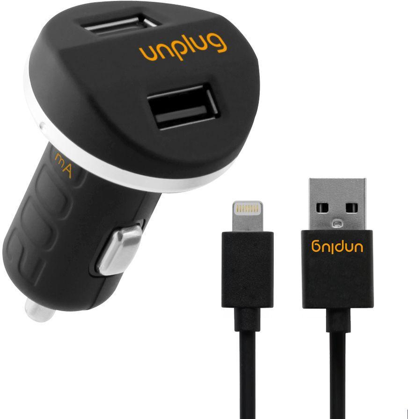 Unplug 2000mA Superfast Charging Dual USB Car Charger With  Apple Lightning Adaptor Cable