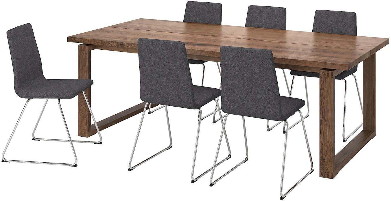 MÖRBYLÅNGA / LILLÅNÄS Table and 6 chairs - oak veneer brown stained/chrome-plated Gunnared dark grey 220x100 cm