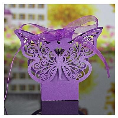 Magideal 20Pcs Hollow Out Butterfly Pattern Candy Gift Boxes Wedding -Purple