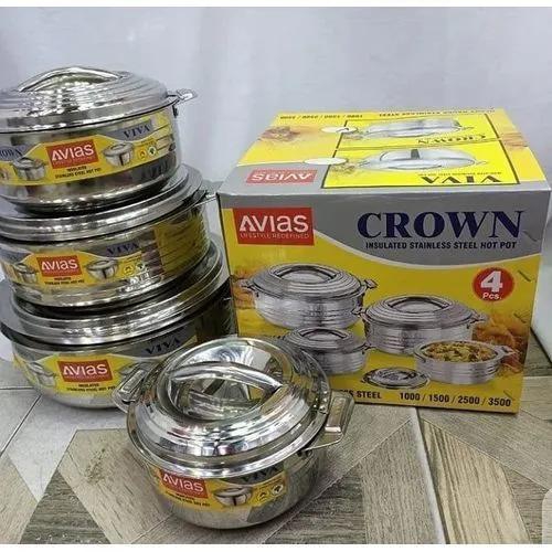 Crown 4pcs Stainless Steel Avias Hotpots Keeps food hot and fresh up to 6 HoursDouble wall strong and insulated.Ideal even for carrying during travel,picnics etcHigh Quality Stainl