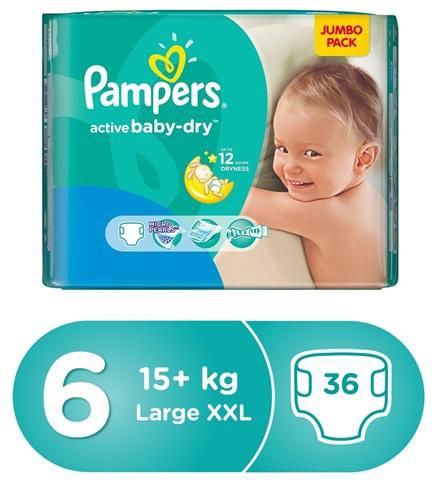 Pampers Active Baby Dry Diapers Large XXL Size 6 ( + 15 kg ) - 36's