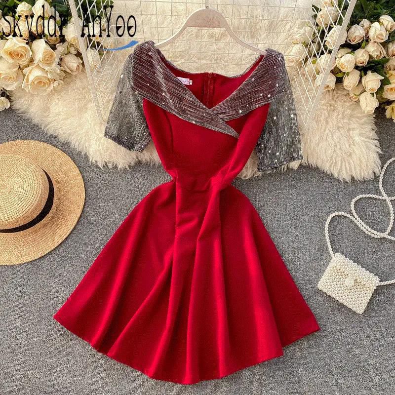 2021 High quality Summer Women Red Party Dress Bright Silk Patchwork ...