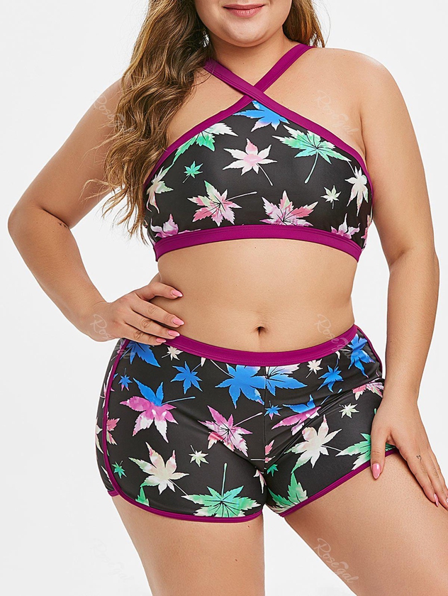 Plus Size Maple Leaf Crossover Boyshorts Bikini Swimsuit - L