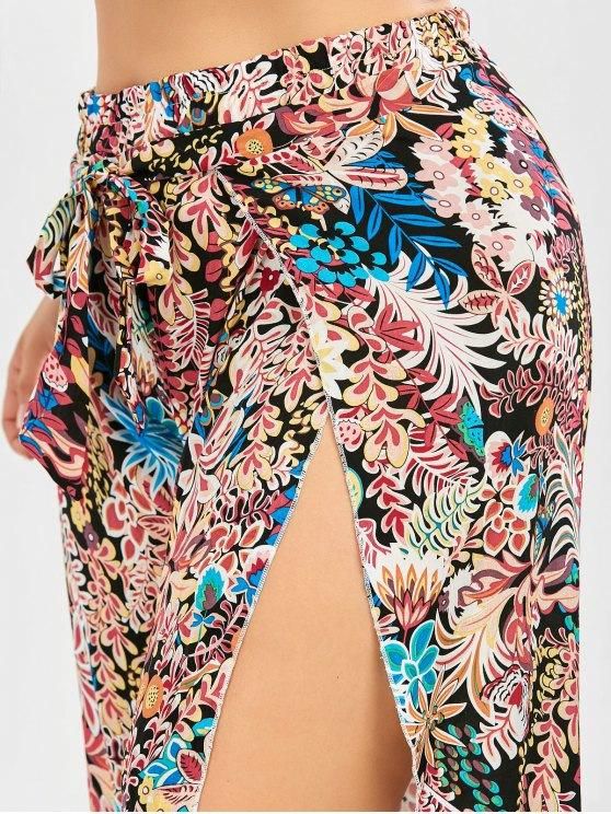 Plus Size Belted Tropical Floral Slit Flowy Palazzo Pants