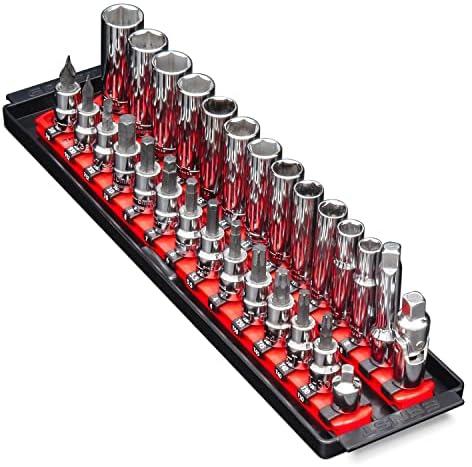 Ernst Manufacturing Twist-Lock Socket Boss, Premium 2-Rail 3/8-Inch-Drive Organizer, 13-Inch, Red (8493)