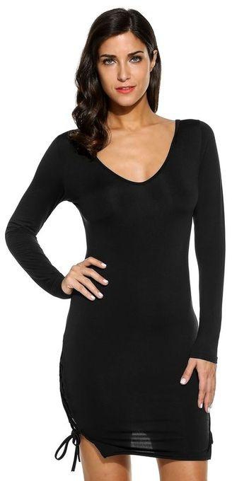 Sunshine Women Fashion V-Neck Backless Long Sleeve Curved Hem Side Slit Lace Up Slim Solid Pencil Bodycon Mini Dress-Black