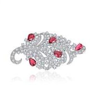ABELLA LEAVE BROOCH,RHODIUM PLATED,RED