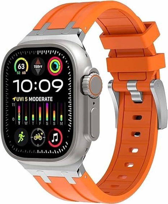المتجر التالي شريط مطاطي من السيليكون السائل متوافق مع Apple Watch Series Ultra 2 - 9 - 8 الترا - 8 - 7 - 6 - 5 49 مم 45 مم 44 مم 42 مم، حزام مطاطي ممتاز مع محول من الفولاذ المقاوم للصدأ (برتقالي وفضي)
