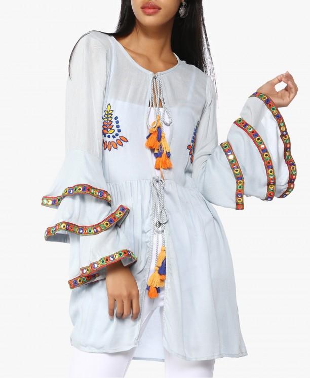 Light Blue Layered Sleeve Embroidered Tunic