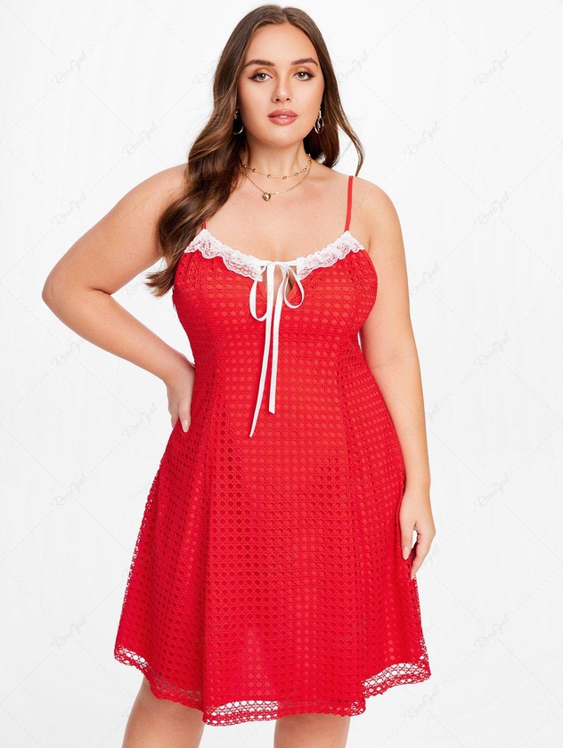 Plus Size Lace Trim Tie Fishnet Overlay Dress - M | Us 10