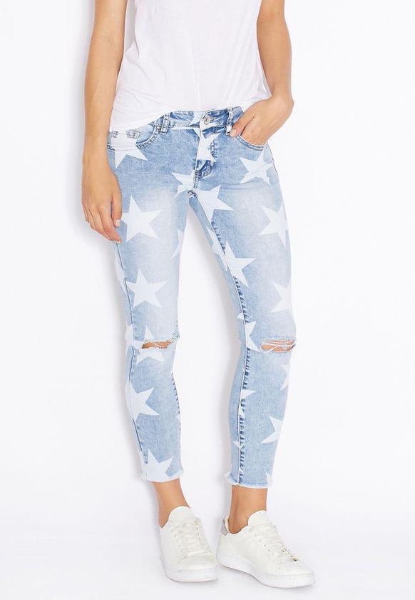 Star Print Knee Slit Skinny Jeans
