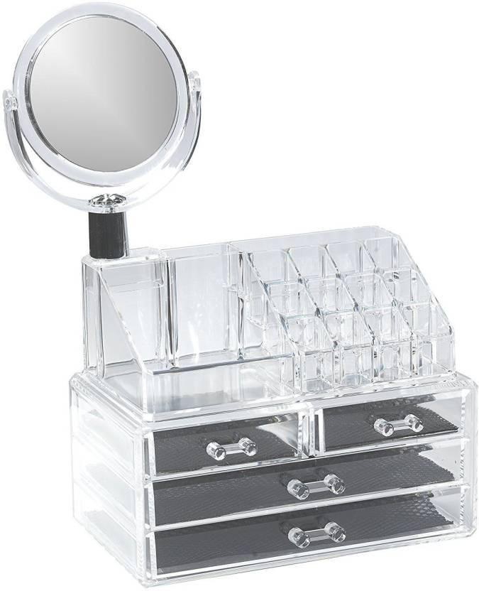 Cosmetic makeup organizer rack with 3 drawers and mirror