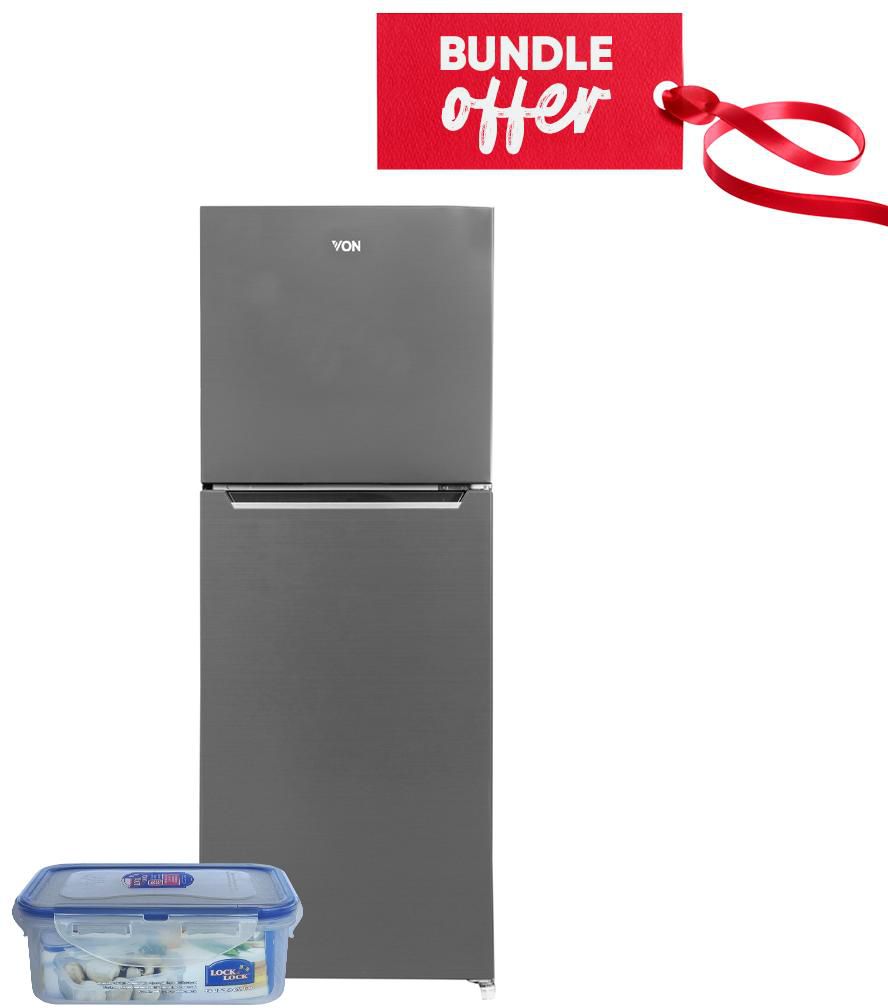 Von VART-26NMS Double Door Fridge 200L - Silver + Get Free Microwave-Safe Airtight Container - 460ml