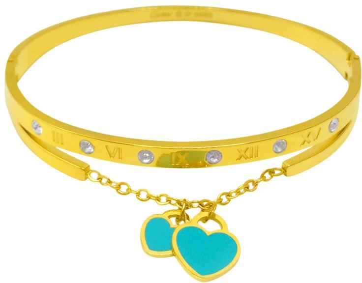 JANNAH Women&#39;s Fashion Bracelet | 2 Blue Hearts Pendant Gold Plated Stone Hinged Stainless Steel with Crystal Bangle for Women