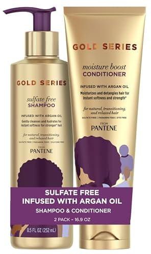 Pantene, Shampoo and Sulfate Free Conditioner Kit, with Argan Oil, Pro-V Gold Series, for Natural and Curly Textured Hair, 17.9 fl oz, Kit (Packaging may vary)