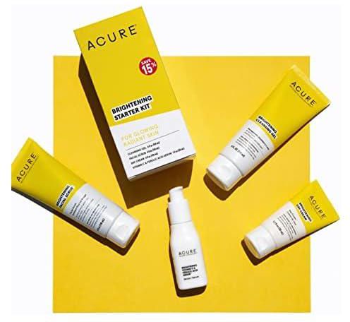 Acure Brightening Starter Kit - Cleansing Gel, Facial Scrub, Day Cream, and Vitamin C & Ferulic Acid Serum - All Skin Types - Softens, Detoxifies and Cleanses For Natural Glowing Skin