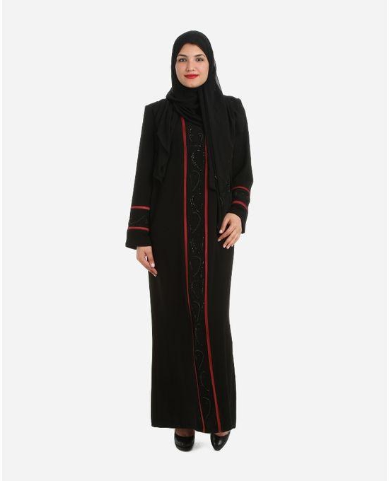 BIGBEN Strassed Zipped Abaya - Black & Dark Red