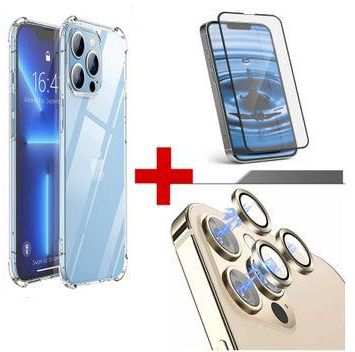IPhone 13 Pro Protective TPU Case Cover + Full Glue Screen Protector Tempered Glass + Camera Lens Protector 1 Set Of 3 Piece Lens Compatible Apple