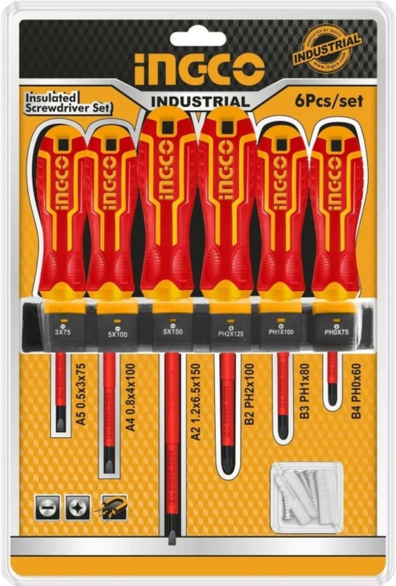 Get Ingco Hkisd0608 Dielectric Screwdriver Set, 6 Pieces, 1000 Volt - Red Yellow with best offers | Raneen.com