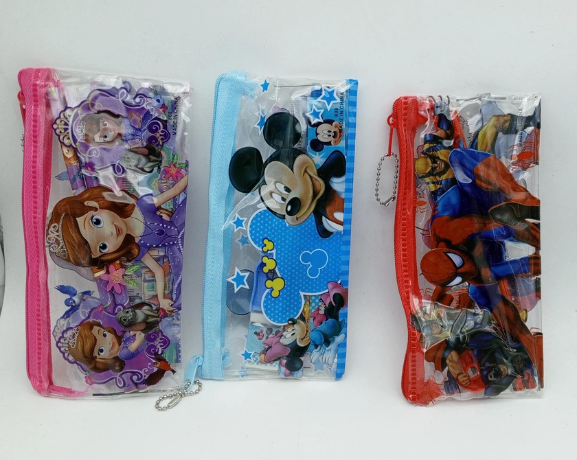 Clear themed pencil pouch,  Inclusive of rubber, sharpener and a ruler