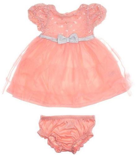 Rare Editions Baby Girls Lace Dress With 3 Tier Tulle Skirt - Coral And Silver