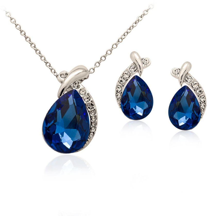 Mysmar White Gold Plated Blue Crystal Leaf Shape Jewelry Set [MYMM435]