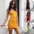 Explosive style commuter pure color pit Stripe Drawstring swing neck open back pleated sexy high waist suspender skirt women's bag hip dress (five colors optional)