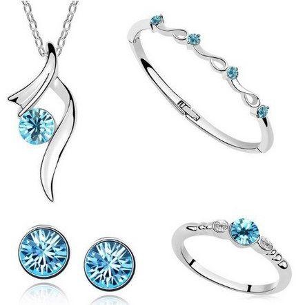Elegant Silver Plated Austrian Crystal Necklace, Earring, Ring and Bracelet Set [HKT037]