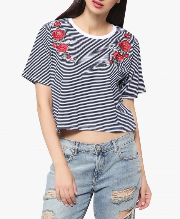 White and Navy Striped Floral Embroidered Tee