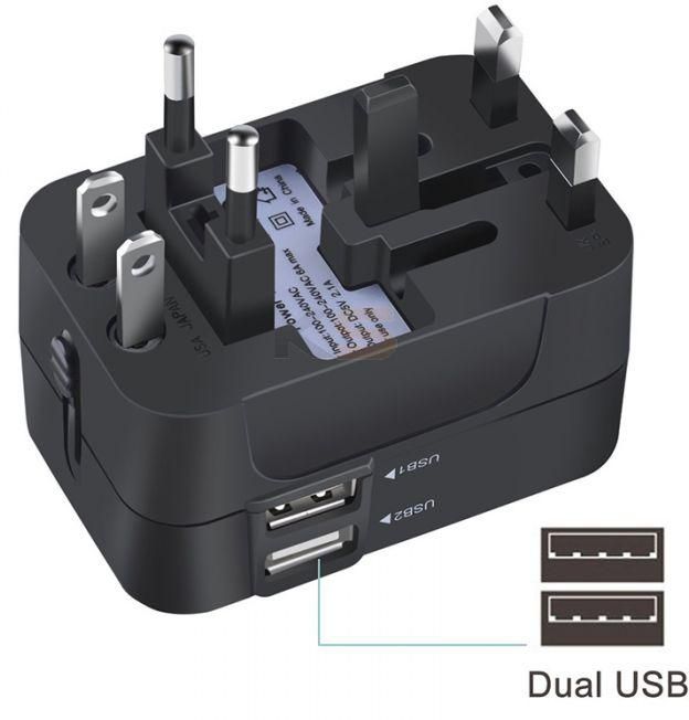 Universal Travel Adapter Power Plug Wall Charger with Dual USB Charging Ports Black