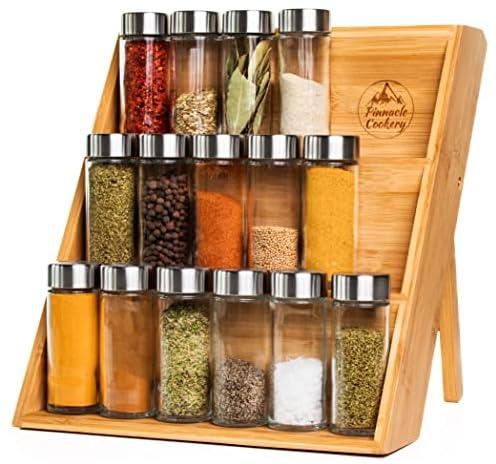 Pinnacle Cookery Bamboo Spice Rack Organizer for Countertop - Eco Friendly Seasoning Organizer 3-Tier Spice Shelf - Space Saving Wooden Spice Rack