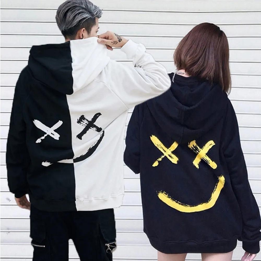 Men Spring and Autumn Casual Fashion Color Matching Smiley Hoodie Men Long Sleeve Sport Hoodie Top Coat Men