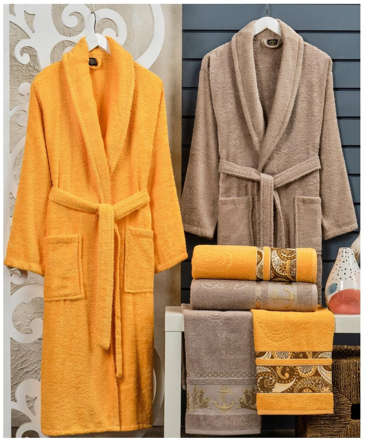 Parda 6-Piece Turkish Terry Cotton Couple/Family Bathrobe Set 480gsm Bridal Shower Gift Set With Matching Bath Sheets And Hand Towels - Orange-Beige