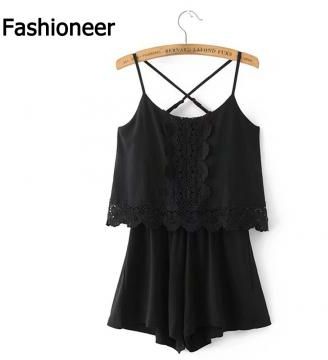 Fashioneer Jumpsuits For Women Embroidery Floral Short Tassel Stream neck Sling Rompers Playsuit black s