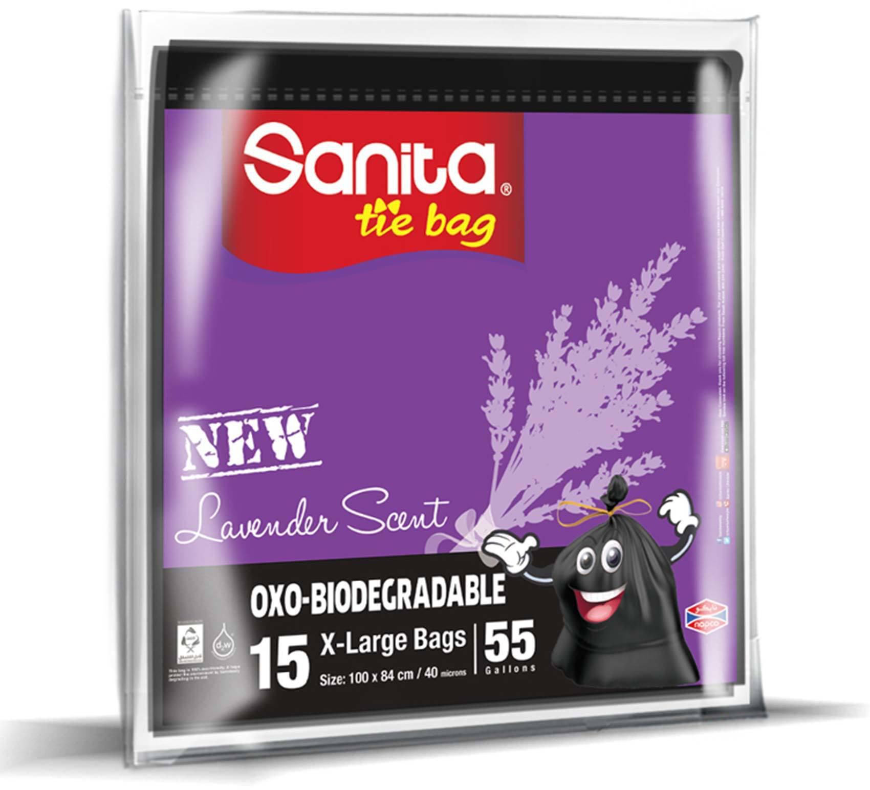 Sanita tie bag lavender scent biodegradable trash bags 55 gallons x 15 bags x-large size