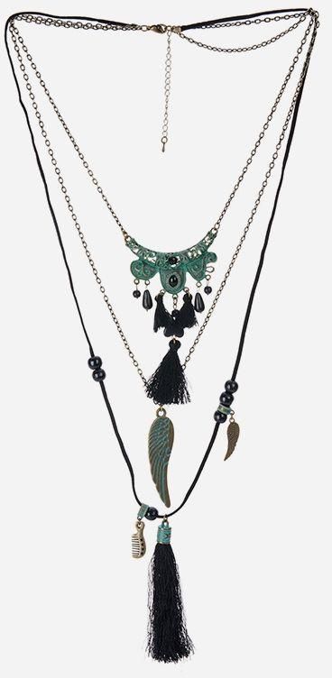 Variety Layered Fringed Necklace - Black & Silver