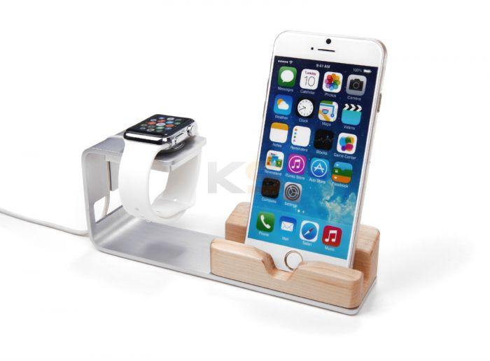 Seenda IPS-Z08 2 in 1 Wood Charging Stand for Apple Watch/Phone Stand Docking Station-Silver