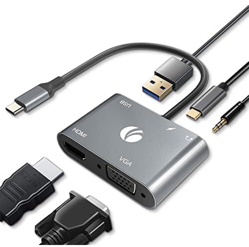 محول USB C 5في 1 من في كوم إلى HDMI VAG، موزع USB Cمع توصيل طاقةبسعة100 واط،منفذ 4K HDMIبدقة،VGA 1080P،منفذ USB 3.0،محول OTG متوافق مع ماك بوك ايروايبادبرو ولابتوب ديل XPS وسيرفيس برو وسامسونج جالكسي