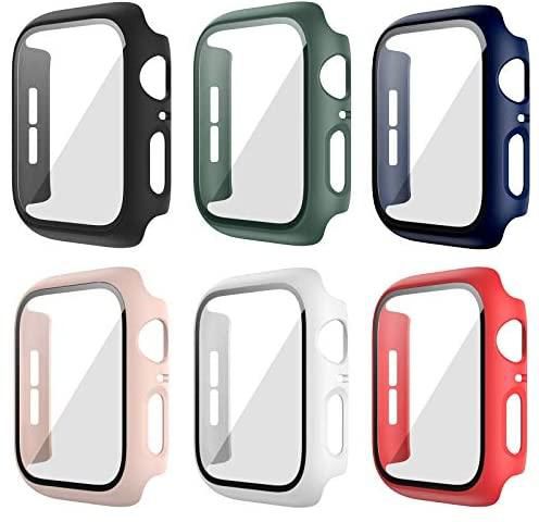 6 Pack Hard Case Compatible for 2022 Apple Watch SE 44mm Series 6 with Built-in Tempered Glass Screen Protector,JZK Thin Bumper Full Coverage Bubble-Free Cover for iWatch SE/6/5/4 44mm Accessories