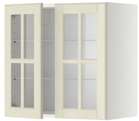 METOD Wall cabinet w shelves/2 glass drs, white, Bodbyn off-white