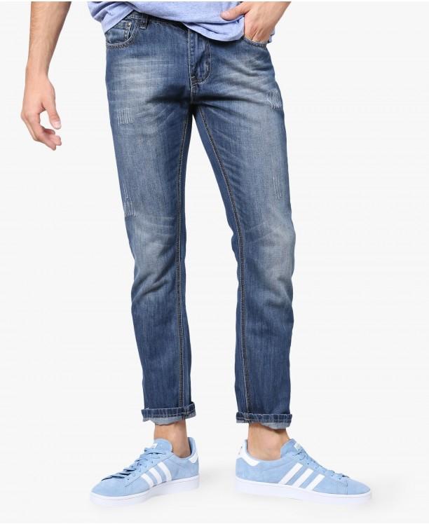 Blue Distressed Slim Fit Jeans-Long