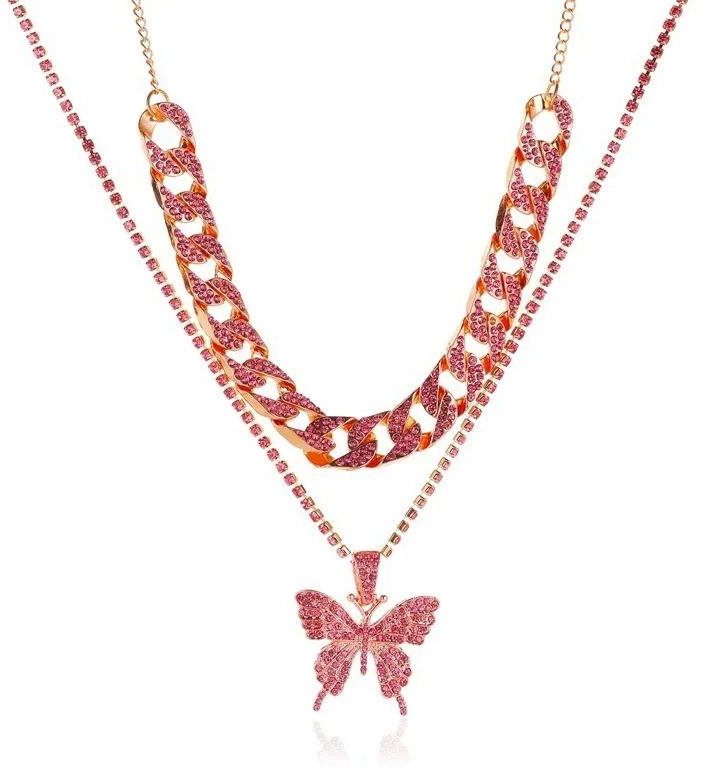 Hot Selling Fashion African Popular Two-Piece Set of Personalized Simple Alloy Double-Layer Butterfly Necklace Creative Retro Personality Exaggerated Femininity Full Diamond Thick 