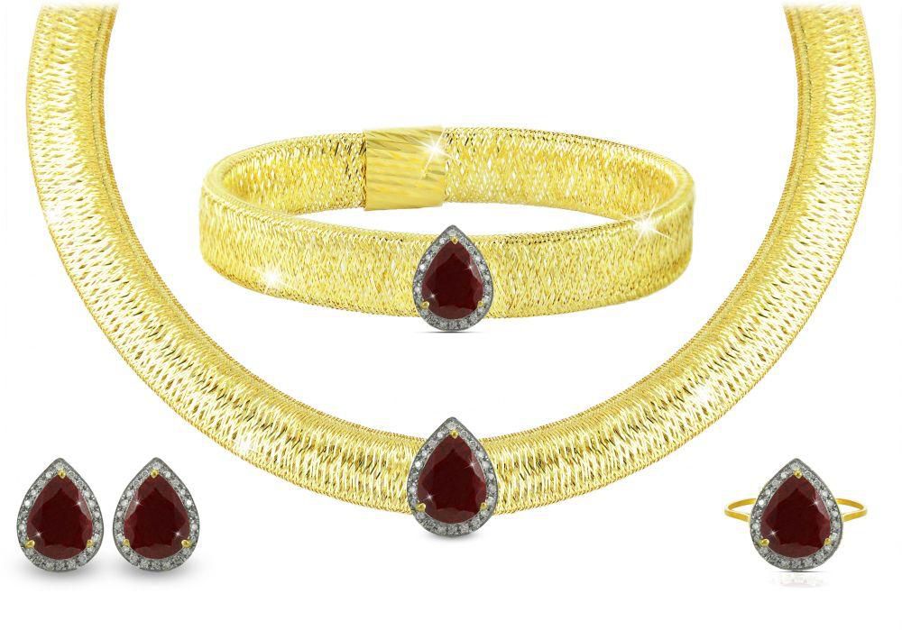 Vera Perla 18K Gold 0.60ct Diamonds, Ruby  Jewelry Set - 4 pcs.