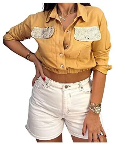 Womens Shinny Button Down Cropped Shirts Long Sleeve Casual Crop Tops Solid Lapel Blouse Shirt with Chest Pocket