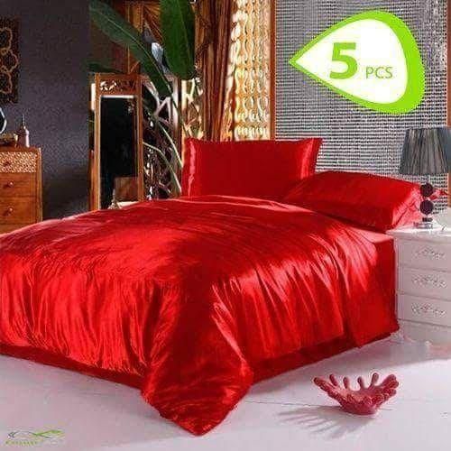 Satin Bed Sheet Set - 5 Pcs - Red